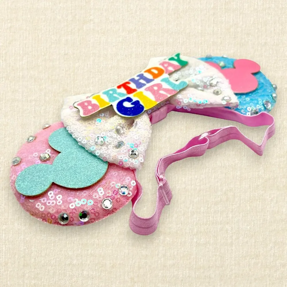 Elastic Pink & Blue Birthday Girl Minnie Ears | Disney-Inspired Mouse Ears